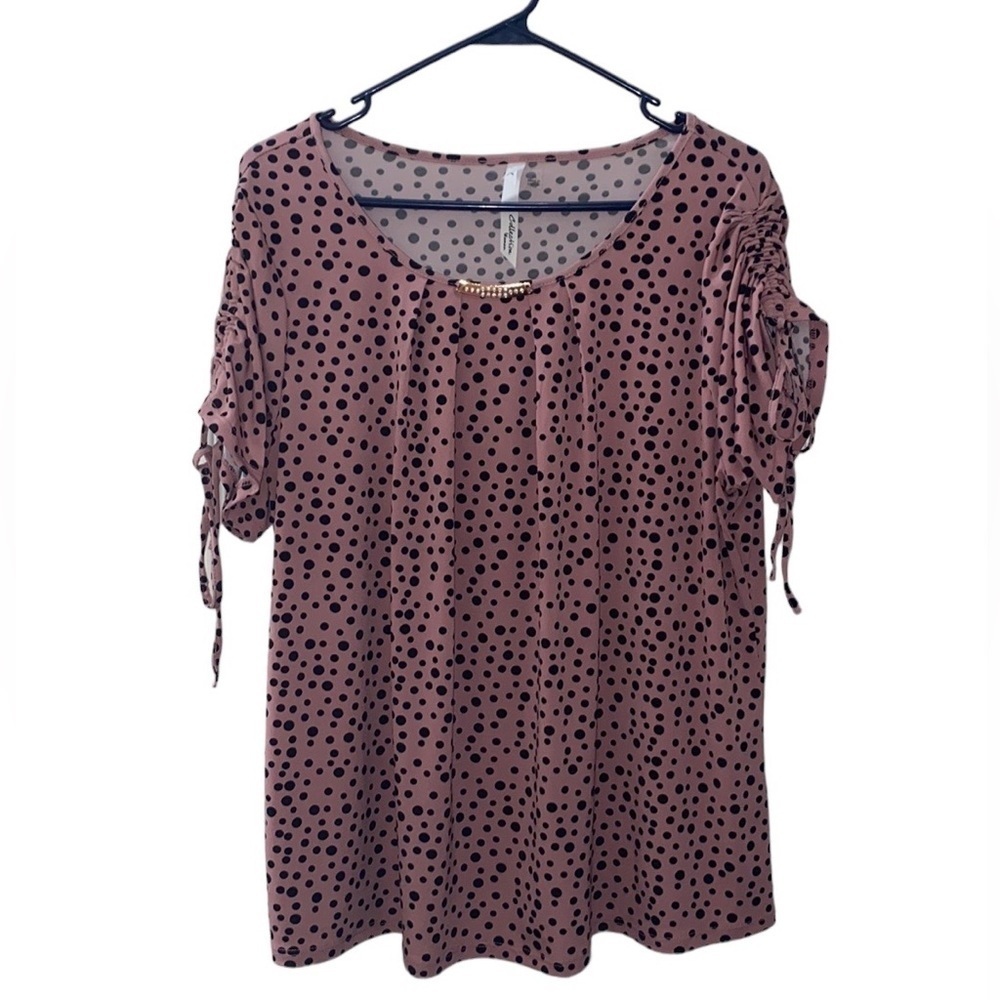 NY Women’s collection pink and black polkadot blouse scrunch tie sleeves Size 1X